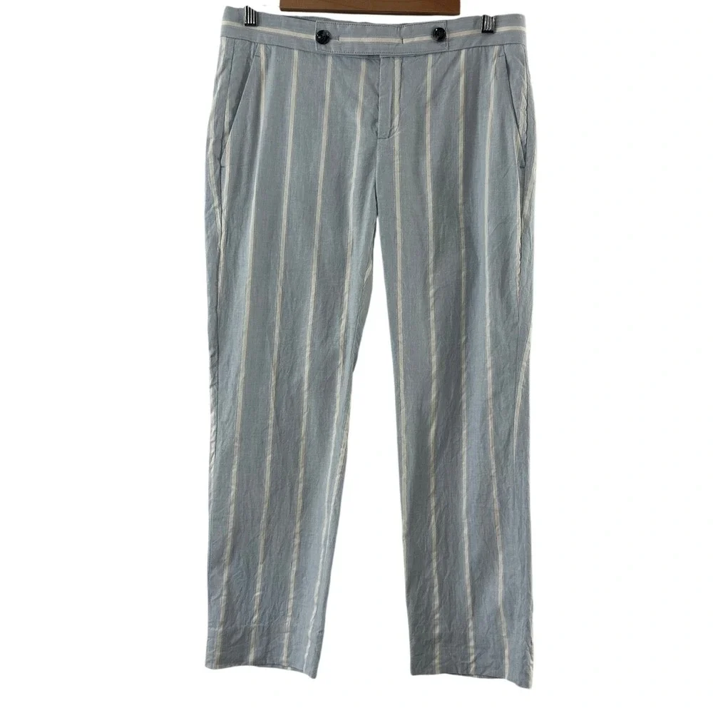 Banana Republic Avery Petite 4 Striped Linen Cotton Ankle Pants Light Blue White
